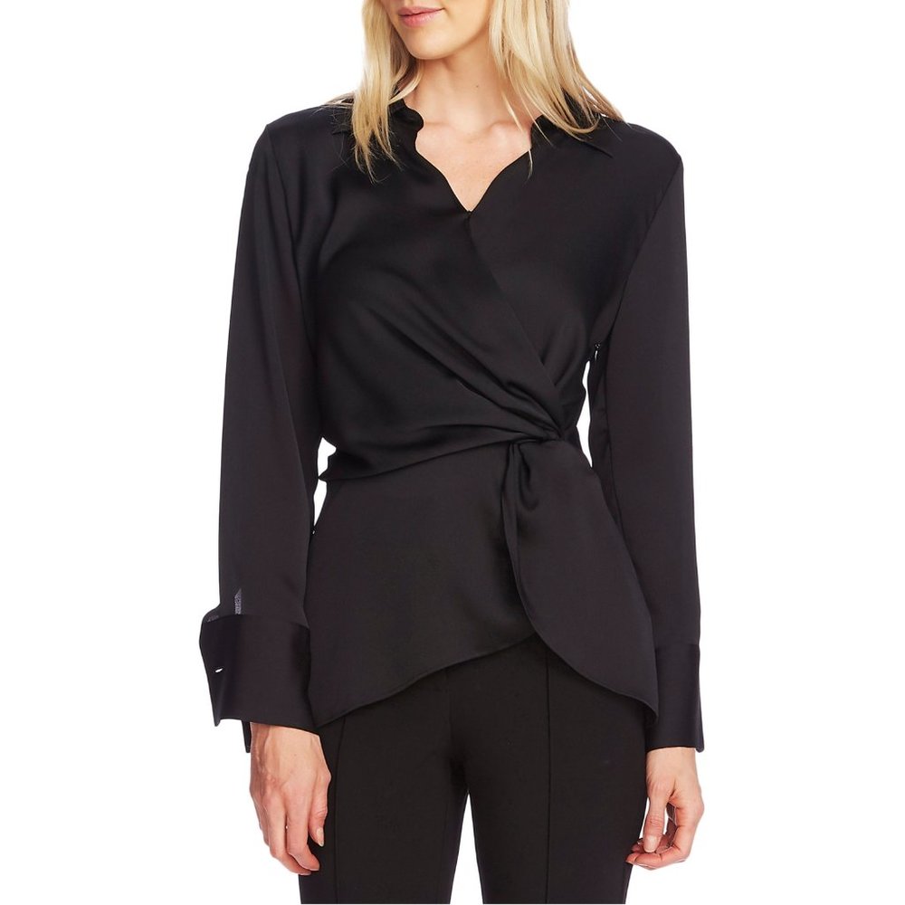 NWT Womens Size XS Vince Camuto Black Twist Front Satin V-Neck Blouse Top